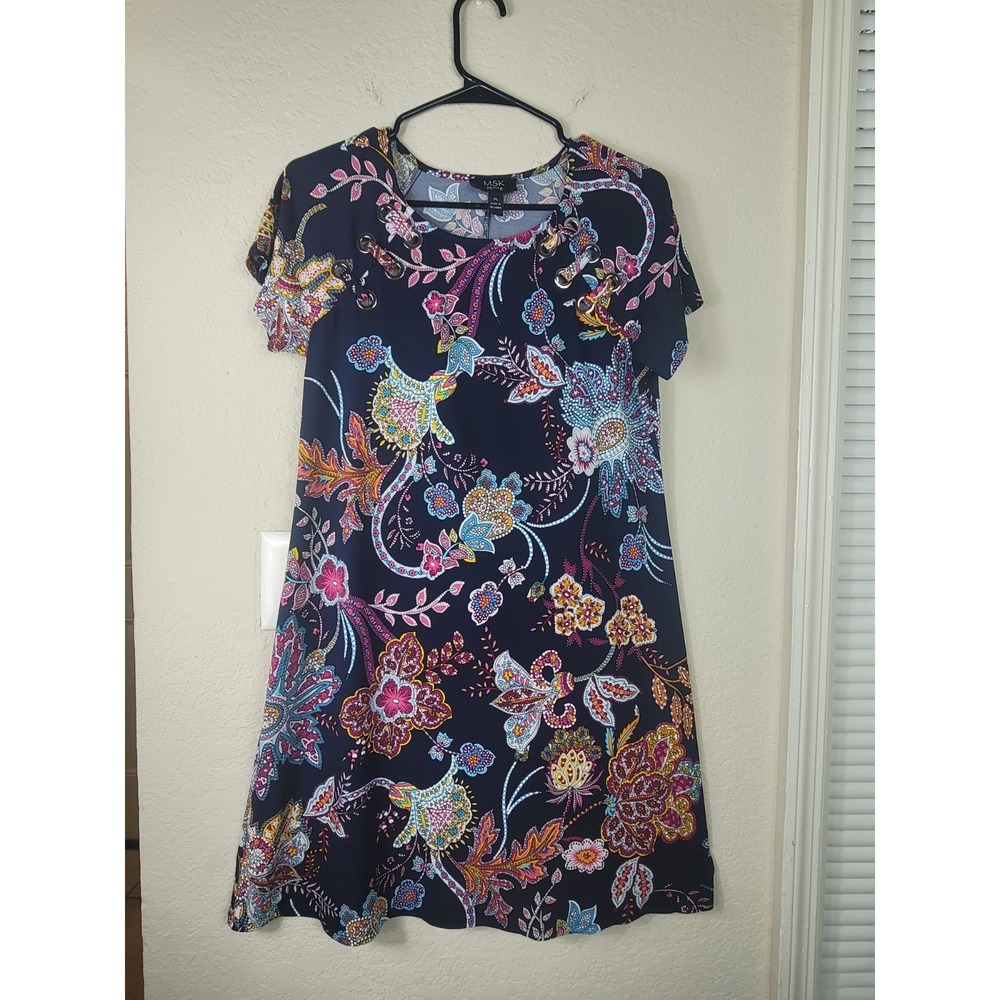 MSK Petite PL Womens Short Sleeve Paisley Shift Dress Stretch Bohemian Botanical - Picture 2 of 8